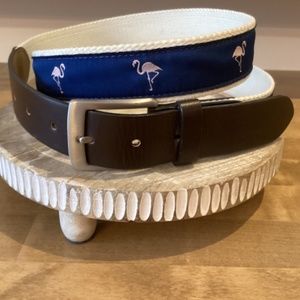 Navy Blue Fabric w/pink flamingos on Off-white woven Belt Sz L